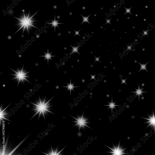Silver stars black night sky background. Abstract bokeh glowing space design. Starry milky way. Galaxy white starlight shine sparkle. Golden shiny fantasy glow in dark Vector illustration