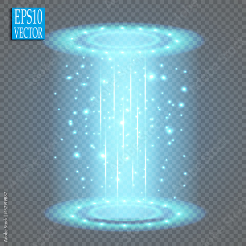  Magic fantasy portal. Futuristic teleport.
Light effect. Blue candles rays of a night scene with sparks on a transparent background. Empty light effect of the podium. Disco club dancefloor. 

