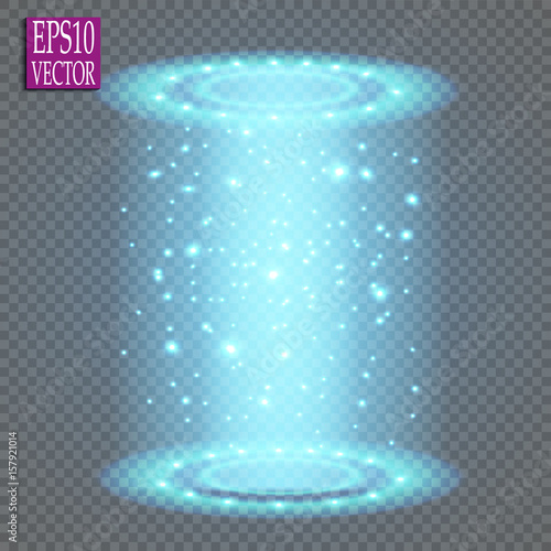  Magic fantasy portal. Futuristic teleport.
Light effect. Blue candles rays of a night scene with sparks on a transparent background. Empty light effect of the podium. Disco club dancefloor. 
