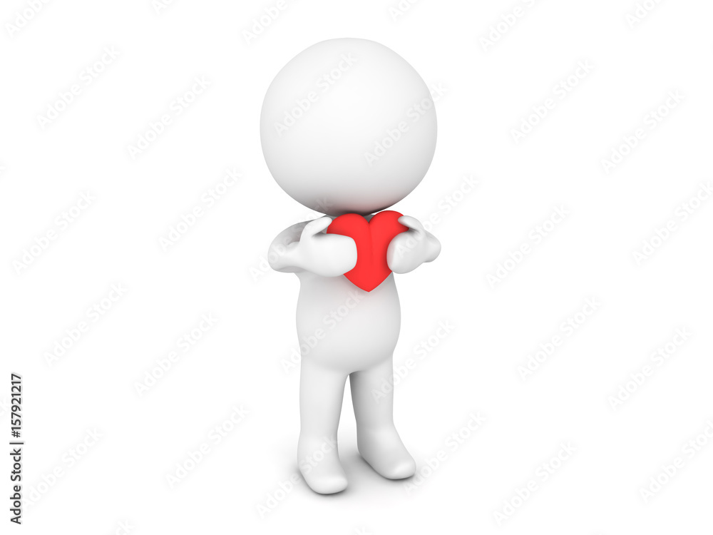 3D Character holding red cartoon heart close to his chest 3D Character holding red cartoon heart close to his chest