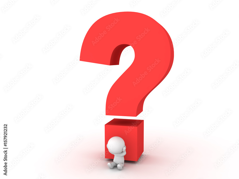 3D Character stressed out sitting next to big question mark 3D Character stressed out sitting next to big question mark