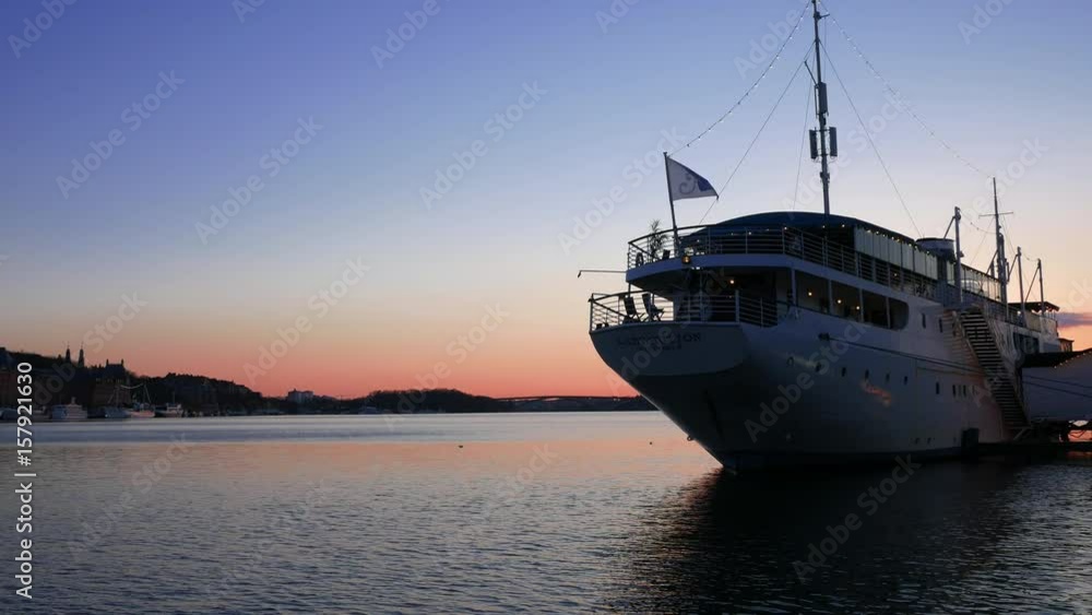 Moored ship in Stockholm city at dusk Moored ship in Stockholm city at dusk