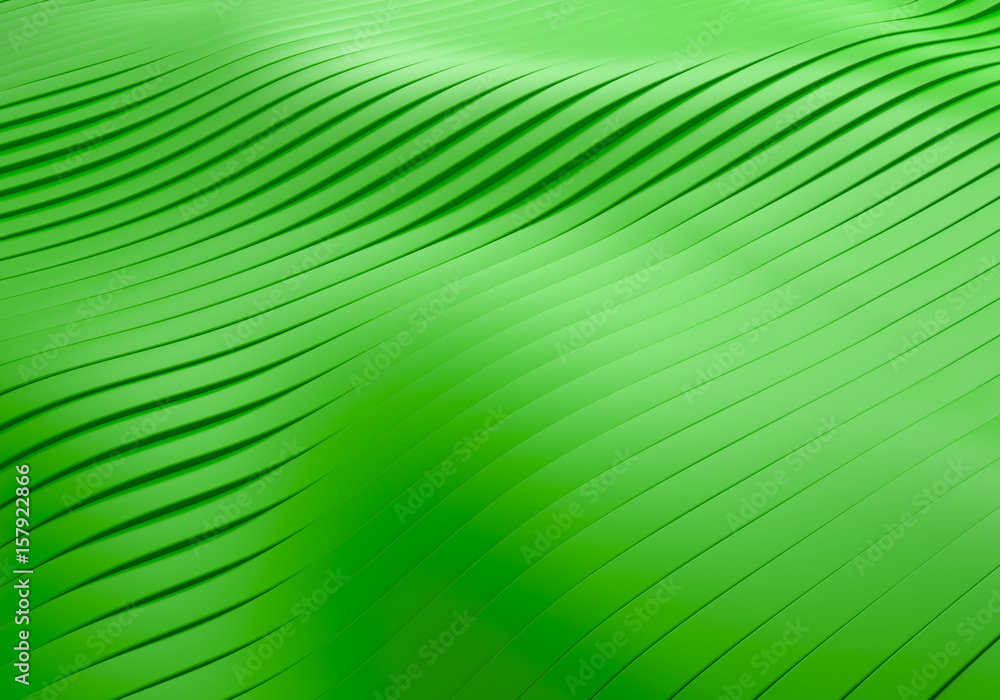 Obraz premium 3D Rendering of Abstract Flowing Wavy Green Stripes Background with Soft Reflections and Shadows