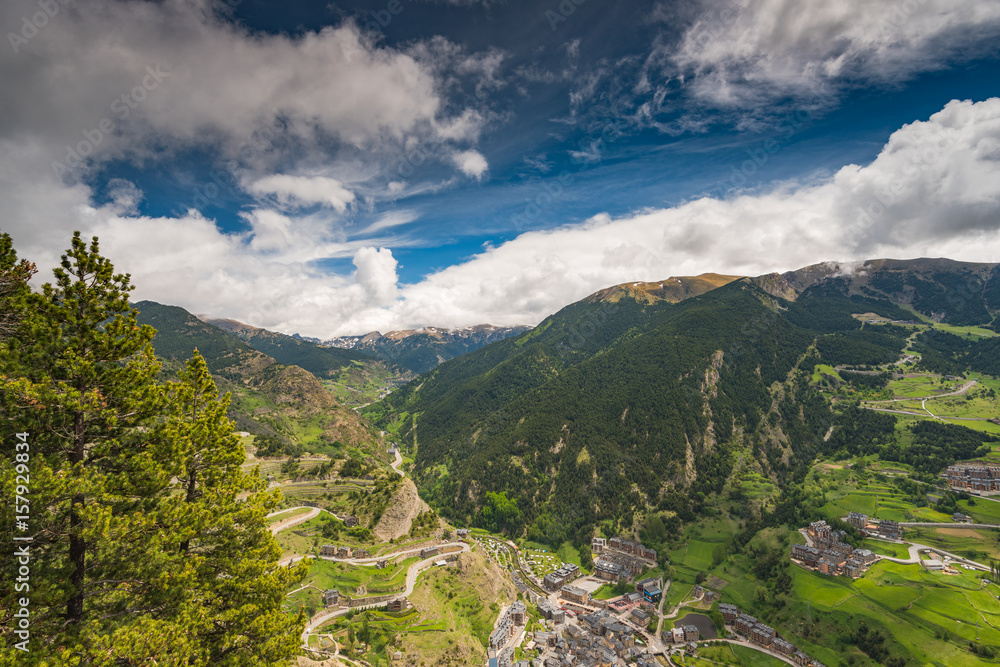 Panoramic vista over village and mountains in Andorra