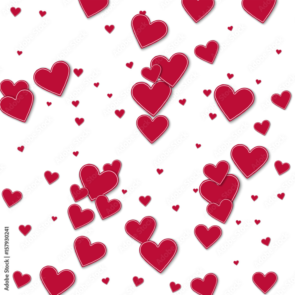 Cutout red paper hearts. Scatter horizontal lines on white background. Vector illustration.