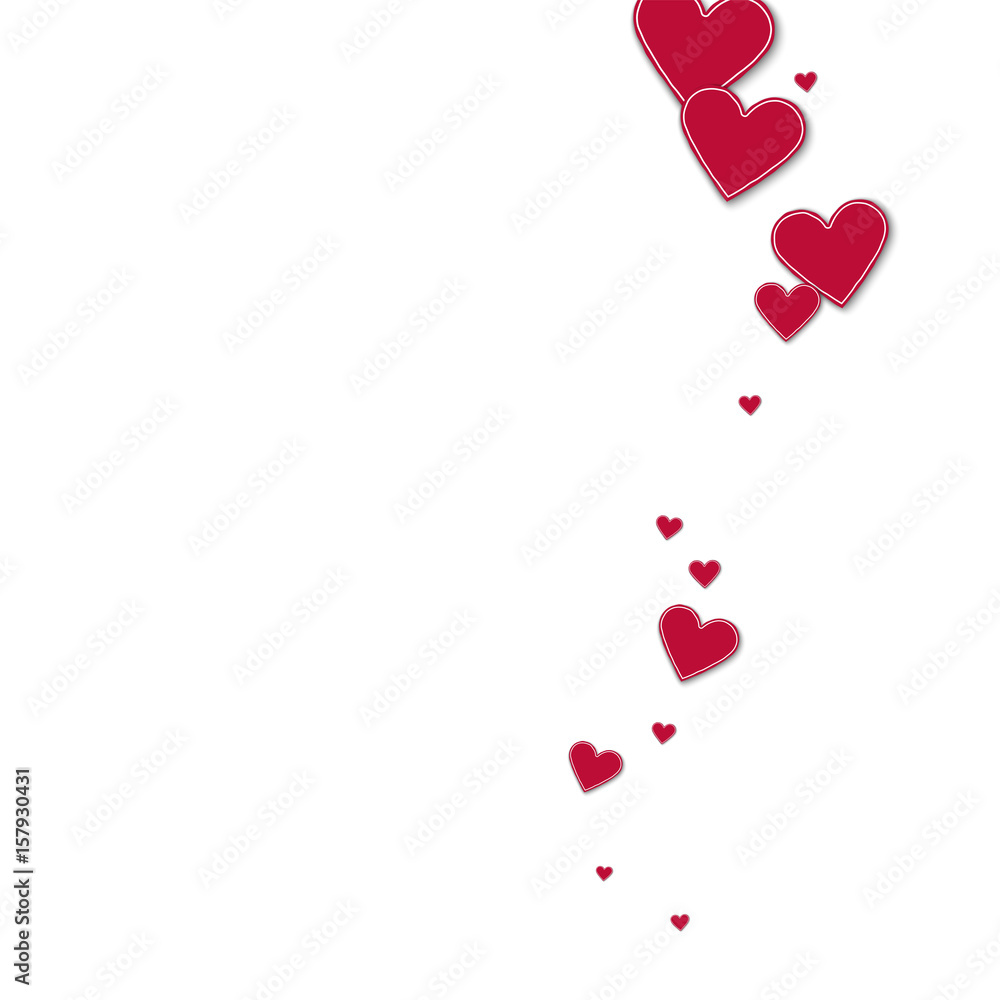 Cutout red paper hearts. Right wave on white background. Vector illustration.