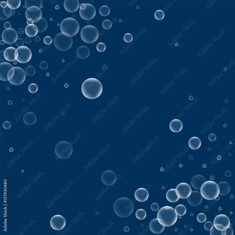Random soap bubbles. Abstract chaotic scatter with random soap bubbles on deep blue background. Vector illustration.