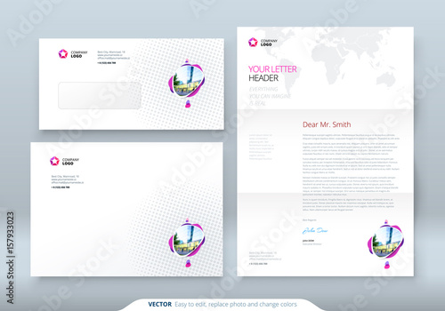 Envelope DL, C5, Letterhead. Corporate business template for envelope and letter. Layout with modern colored spots abstract background. Creative vector