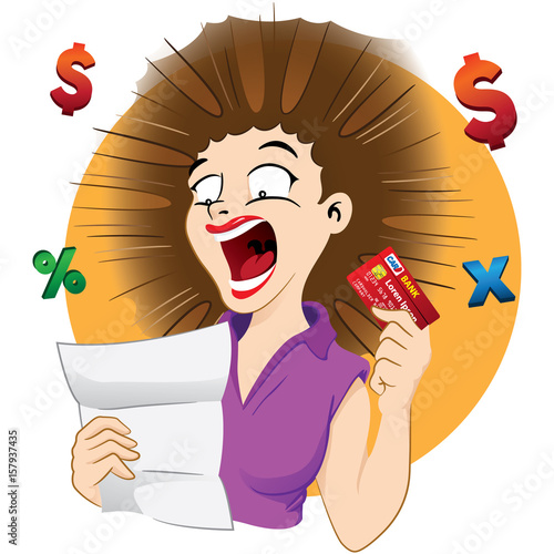 Illustration Frightened woman with credit card bill. Ideal for catalogs, information and institutional material