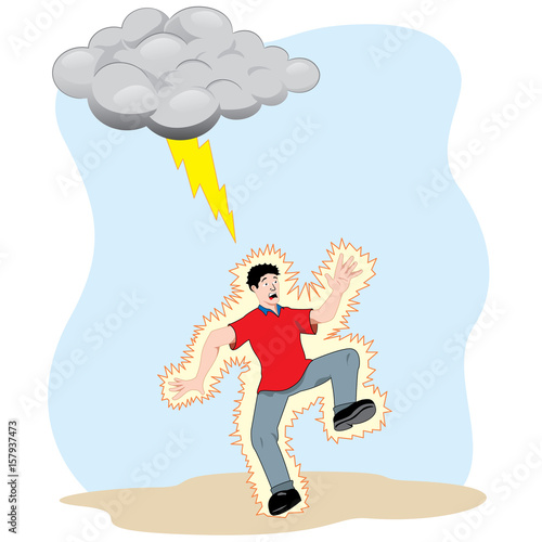 Illustration depicting a young man receiving an electric discharge from a natural ray. Ideal for catalogs, information and safety and institutional material