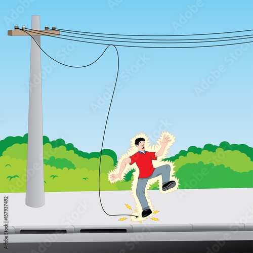 Illustration depicting a young man receiving an electric discharge on exposed electric wire. Ideal for catalogs, information and safety and institutional material