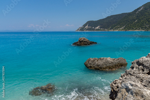 Panoramic view of Agios Nikitas Beach with blue waters, Lefkada, Ionian Islands, Greece