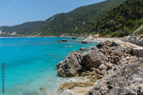 Panoramic view of Agios Nikitas Beach with blue waters, Lefkada, Ionian Islands, Greece © Stoyan Haytov