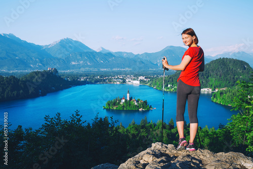 Woman Hiker Tourist looking on Bled Lake, Slovenia