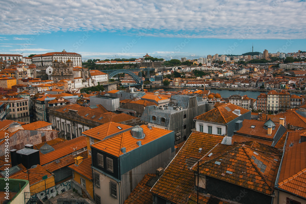 Bird's-eye view old downtown of Porto, Douro river and Dom Luis I bridge, Portugal.