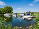 Motor boats moored at Lake Brielse Meer, Netherlands