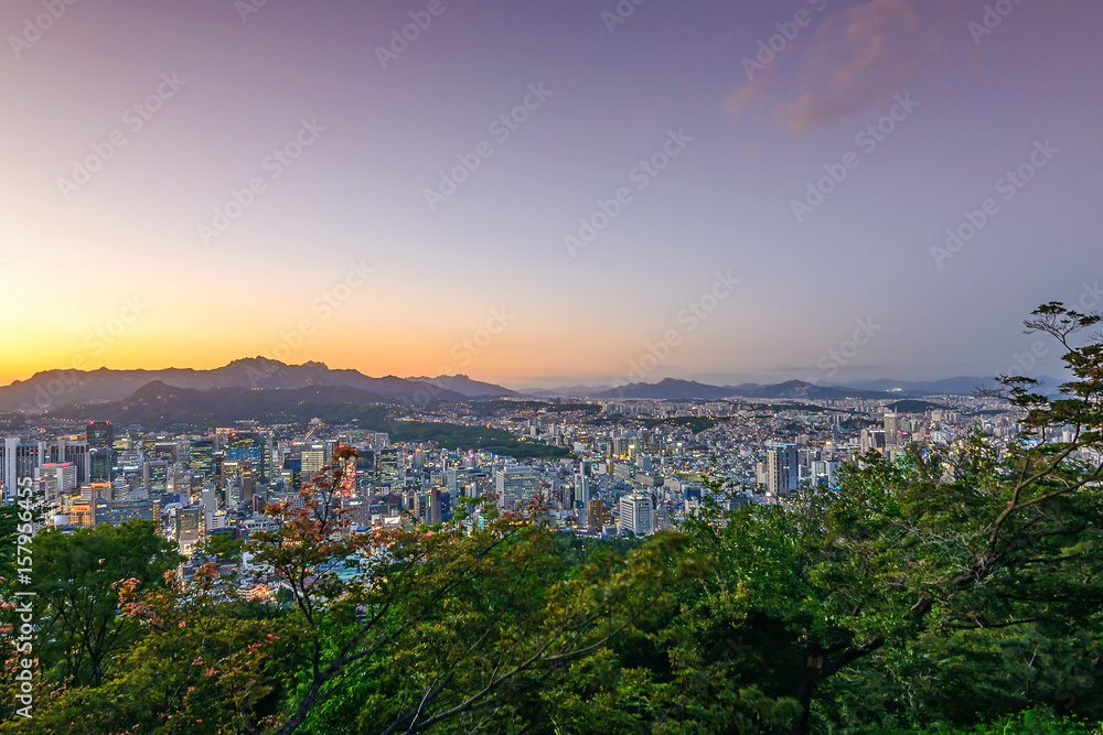 View of cityscape in sunset on Namsan mountain, Seoul, South Korea View of cityscape in sunset on Namsan mountain, Seoul, South Korea