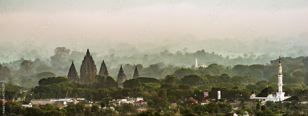 Prambanan Temple foggy morning - obrazy, fototapety, plakaty 
