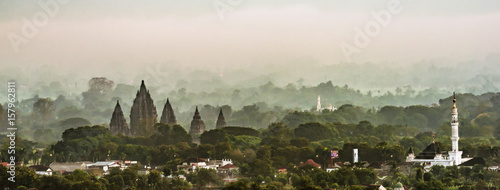 Prambanan Temple foggy morning photo
