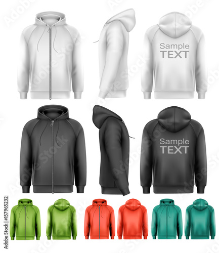 Set of black and white and colorful male hoodies with zipper. Vector