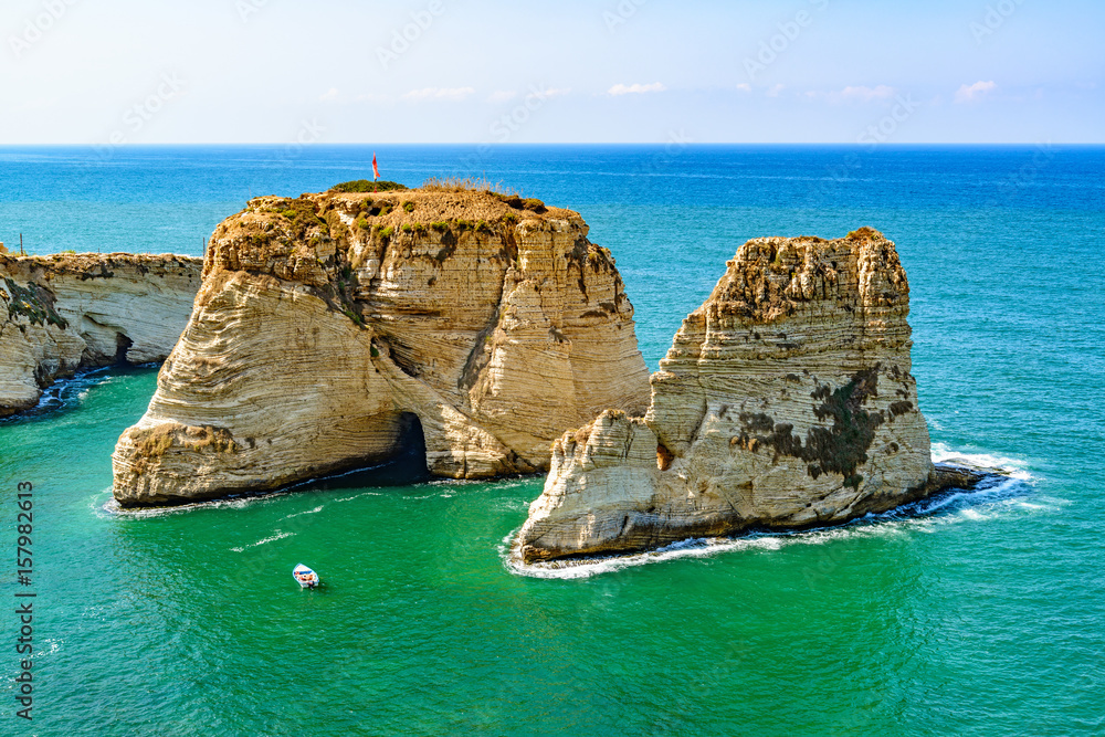 Fototapeta premium Sabah Nassar's Rock at Raouche in Beirut, Lebanon. It is known as the Pigeons' Rock.
