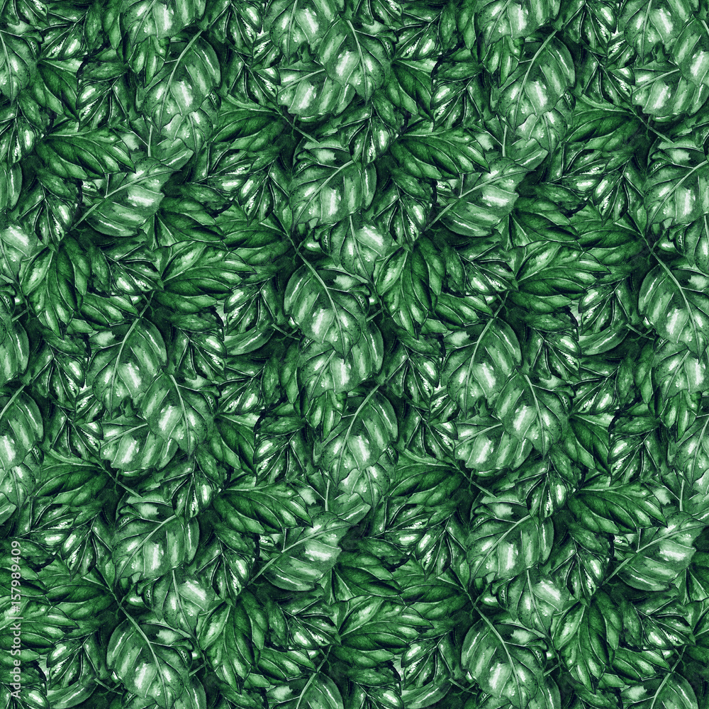 Watercolor green leaf tropical exotic plant seamless pattern