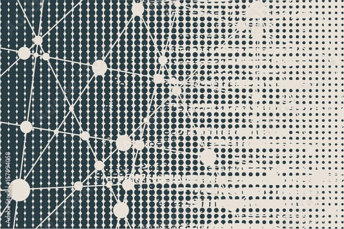 Molecule And Communication Background. Modern vector brochure or web banner design template. Connected lines with dots. Grunge cracked texture. Halftone effect