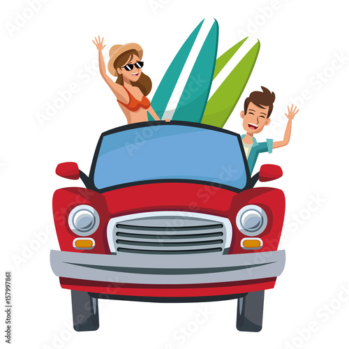 cartoon character travelers with vintage car with luggage on top vector illustration