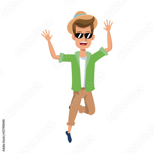 Vector illustration of a cartoon man jumping of happiness. Picture isolated on white background. Flat style. Joyful fun bouncing male. Adult boy leaping for joy. Happiness emotion.