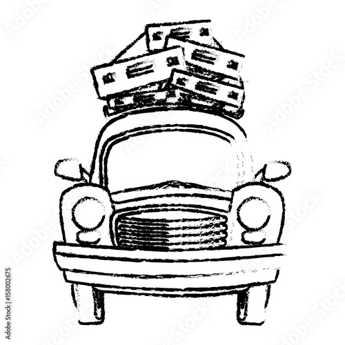 sketch vintage car with suitcases on top traveling concept