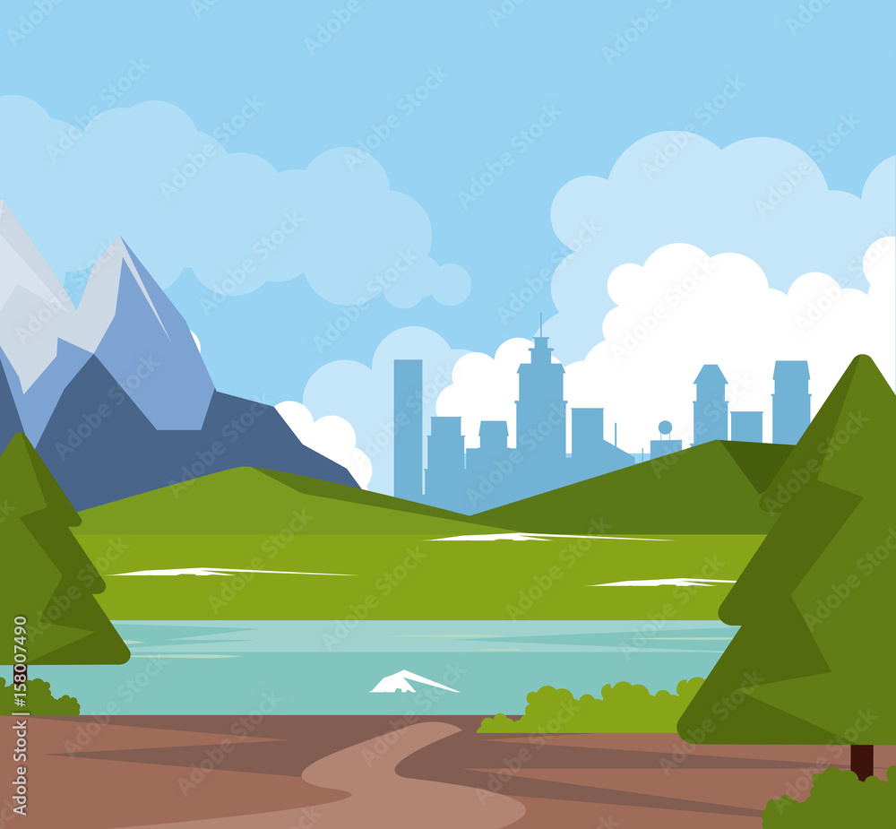 colorful background of natural landscape with valley mountains with river and city background vector illustration
