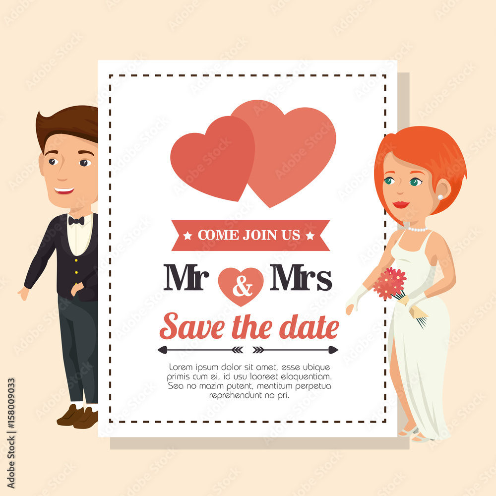 Wedding invitation with bride and groom over peach background. Vector illustration. Wedding invitation with bride and groom over peach background. Vector illustration.