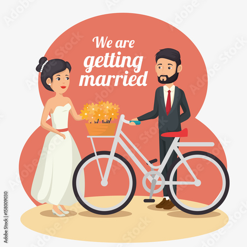 Bride and groom with bike, flowers and we are getting married sign over white background. Vector illustration.