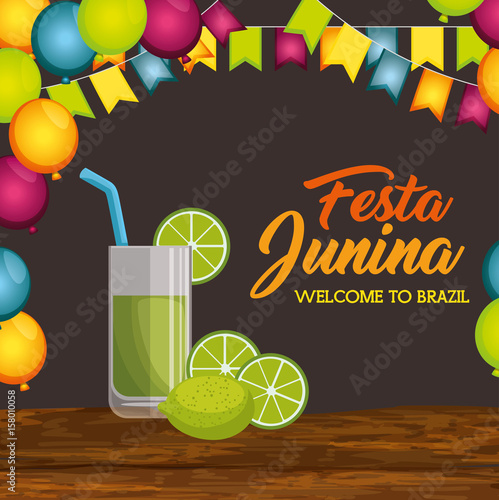 Lime juice glass on wooden table with ballons and banners over brown background vector illustration