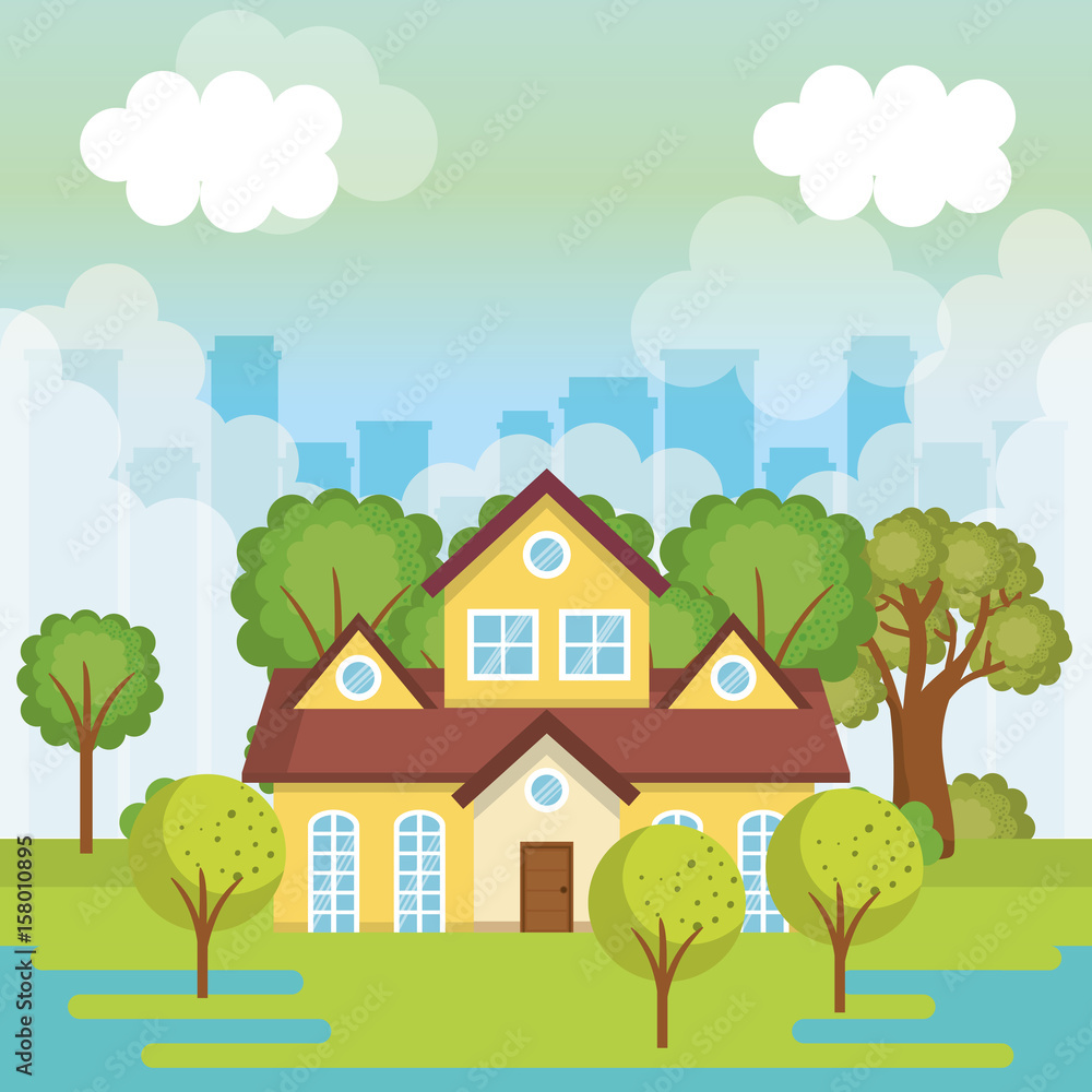 Yellow house view from outside with trees and city skyline vector illustration