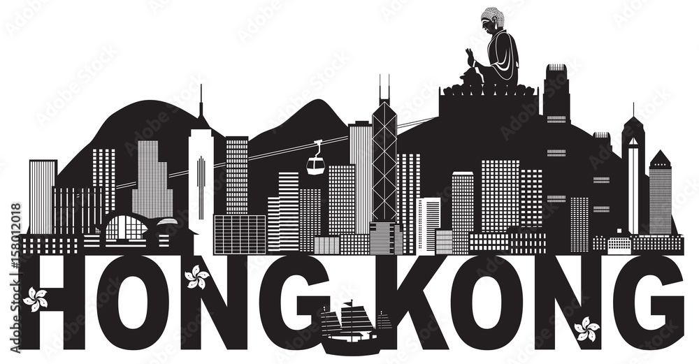 Obraz premium Hong Kong Skyline Buddha Statue Text Black and White vector Illustration