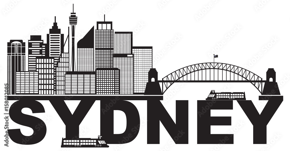 Sydney Australia Sklyine Text Outline Black and White vector Illustration