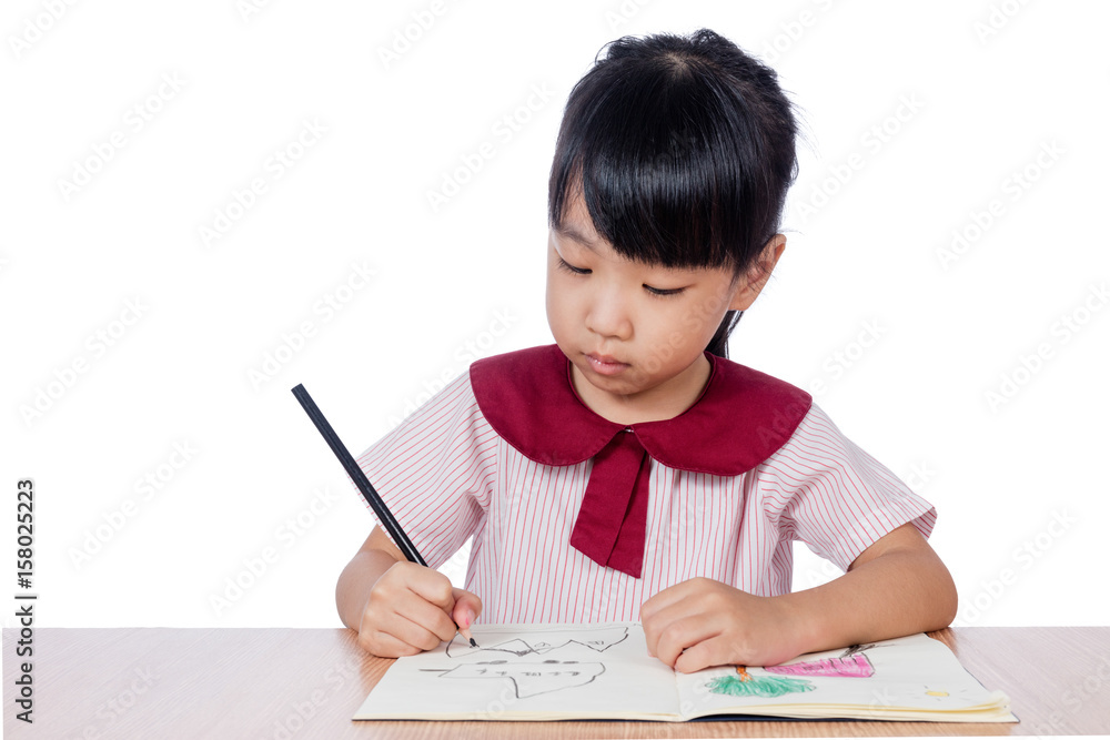 Asian Little Chinese girl drawing with color pencils Asian Little Chinese girl drawing with color pencils