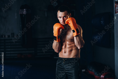 boxer training in dark gym. Portrait of boxer with gloves © Vladimir