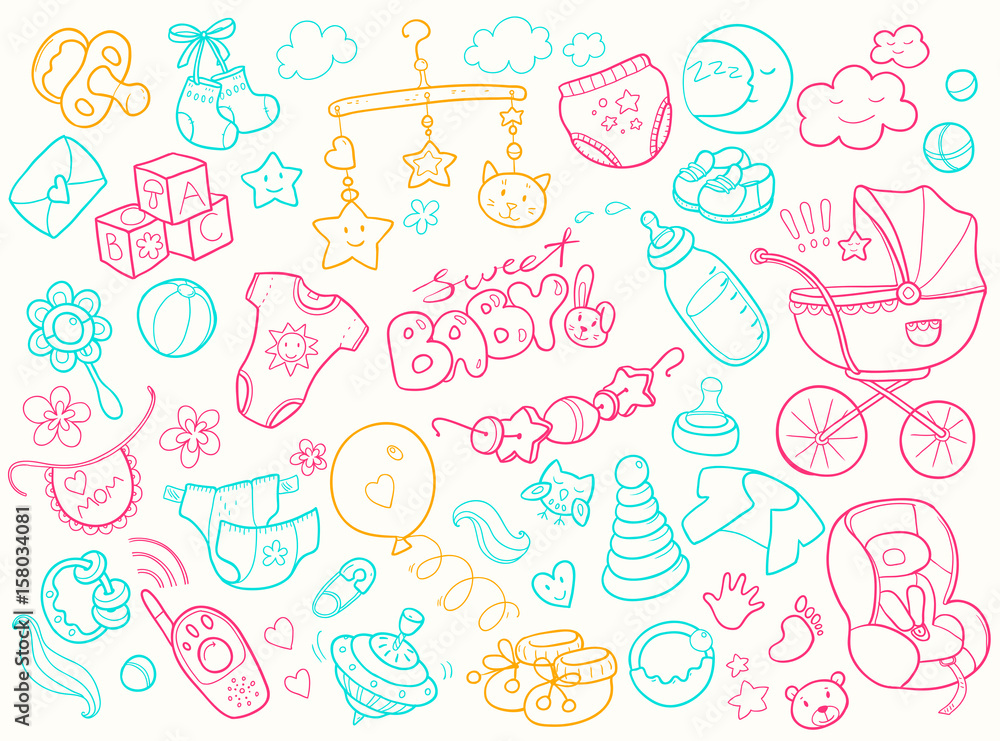 Newborn infant themed doodle set. Baby care, feeding, clothing, Newborn infant themed doodle set. Baby care, feeding, clothing,