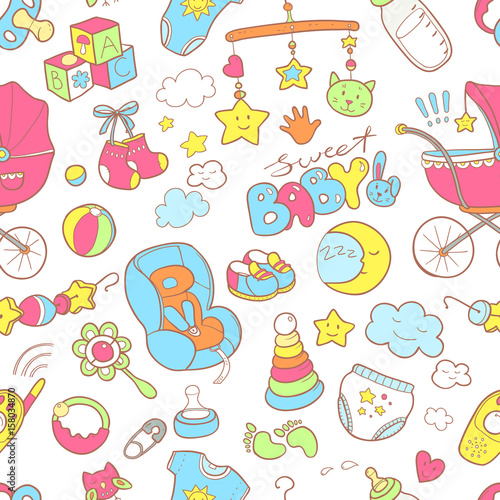 Newborn infant themed doodle seamless pattern. Baby care  feedin