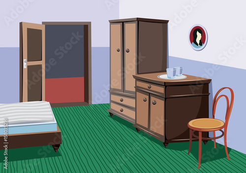 Traditional interior hotel room. Wardrobe, chair and bed. Simple vector illustration.
