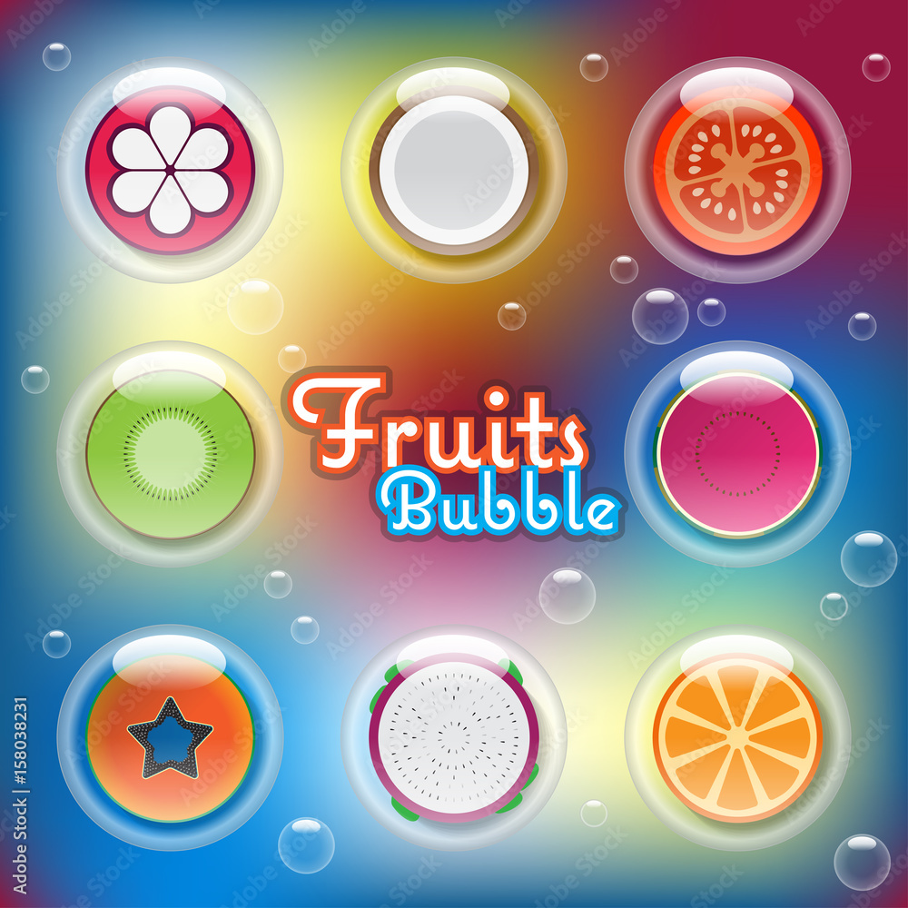 Mixed half sliced fruits in air bubbles Mixed half sliced fruits in air bubbles