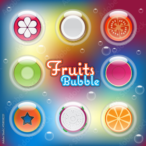 Mixed half sliced fruits in air bubbles 