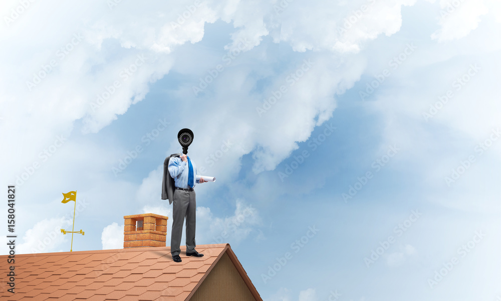 Concept of home security and privacy protection with camera headed man Concept of home security and privacy protection with camera headed man