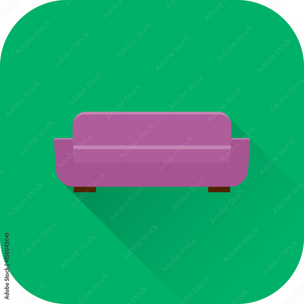 Sofa icon. Vector. Flat design with long shadow. Purple couch isolated on green background. Furniture for living room. Sofa icon. Vector. Flat design with long shadow. Purple couch isolated on green background. Furniture for living room.