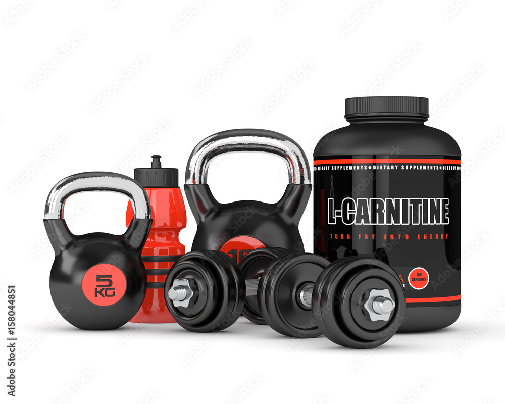 3D render of l-carnitine with dumbbells and kettlebells 3D render of l-carnitine with dumbbells and kettlebells