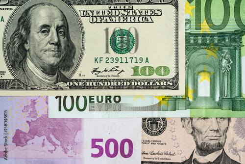 Euro and US dollar 100, 500, and 50 banknotes  photo