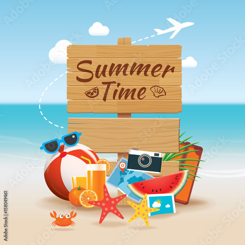 Summer time background banner design template and wooden sign season elements beach