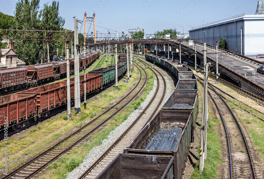 Fototapeta premium cargo train railway cars rail transport, pipe transportation, Odessa, Ukraine